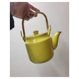 Vintage Tea Set with Yellow Teapot, Bamboo Handle, Cups, Saucers, and Sugar Bowl