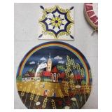 Collection of 7 Decorative Plates and Tile with Folk and Nature Themes