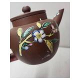 Hand-Painted Yixing Style Clay Teapot with Floral and Bird Design