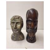 Set of 2 Bust Sculptures - Bronze-Style Casting and Carved Wood