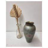 Vintage Solid Brass Vase with Floral Cloisonne Design and Palm Fan Stick Arrangement
