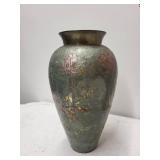 Vintage Solid Brass Vase with Floral Cloisonne Design and Palm Fan Stick Arrangement