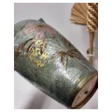 Vintage Solid Brass Vase with Floral Cloisonne Design and Palm Fan Stick Arrangement