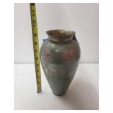 Vintage Solid Brass Vase with Floral Cloisonne Design and Palm Fan Stick Arrangement