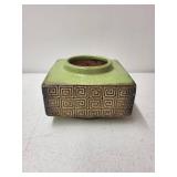 Vintage Square Ceramic Vase with Green Glaze and Geometric Pattern