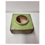 Vintage Square Ceramic Vase with Green Glaze and Geometric Pattern