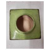 Vintage Square Ceramic Vase with Green Glaze and Geometric Pattern