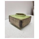 Vintage Square Ceramic Vase with Green Glaze and Geometric Pattern