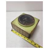 Vintage Square Ceramic Vase with Green Glaze and Geometric Pattern