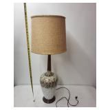 Vintage Ceramic Table Lamp with Textured Base and Burlap Shade