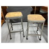 Pair of Industrial Metal Stools with Wood Seats