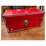 Vintage Red Metal Storage Trunk with Collection of Doll Clothes and Accessories