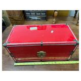 Vintage Red Metal Storage Trunk with Collection of Doll Clothes and Accessories
