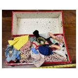 Vintage Red Metal Storage Trunk with Collection of Doll Clothes and Accessories