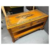Hand-Carved Wooden Coffee Table with Glass Top and Storage Shelf