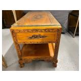 Hand-Carved Wooden Coffee Table with Glass Top and Storage Shelf