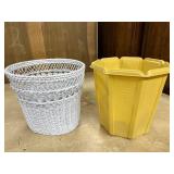 Pair of Planters - White Wicker and Yellow Plastic, 9 inch Height