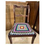 Antique Wood Side Chair with Carved Back and Crochet Seat Cover