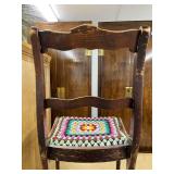 Antique Wood Side Chair with Carved Back and Crochet Seat Cover