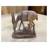 Hand-Carved Wooden Gazelle and Calf Figurine