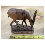 Hand-Carved Wooden Gazelle and Calf Figurine