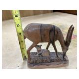 Hand-Carved Wooden Gazelle and Calf Figurine