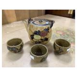 Handcrafted Ceramic Teapot with 3 Matching Cups and Woven Handle