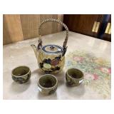 Handcrafted Ceramic Teapot with 3 Matching Cups and Woven Handle
