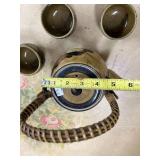 Handcrafted Ceramic Teapot with 3 Matching Cups and Woven Handle