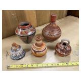 Set of 5 Vintage Mexican Pottery Vases and Bottles with Hand-Painted Designs