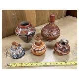 Set of 5 Vintage Mexican Pottery Vases and Bottles with Hand-Painted Designs