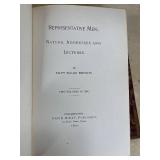 Antique Book "Representative Men" by Emerson, Metal Bookend, and Decorative Owl Bookend