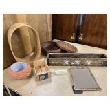 Mixed Home Decor Lot: Wicker Baskets, Planter, Decorative Box, Picture Frame, and More