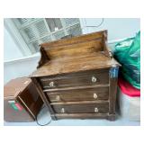 Antique Wooden 3-Drawer Dresser with Glass Pulls and Decorative Backboard