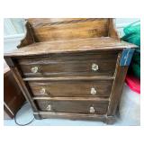 Antique Wooden 3-Drawer Dresser with Glass Pulls and Decorative Backboard