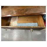 Antique Wooden 3-Drawer Dresser with Glass Pulls and Decorative Backboard