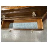 Antique Wooden 3-Drawer Dresser with Glass Pulls and Decorative Backboard