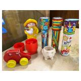 Vintage Toy Collection: Kaleidoscopes, Barrel of Monkeys, Rattly Car, Pig Figurine, and Coin Bank