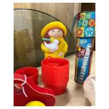 Vintage Toy Collection: Kaleidoscopes, Barrel of Monkeys, Rattly Car, Pig Figurine, and Coin Bank