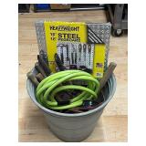 16" Steel Pegboard, Garden Hose & Assorted Hand Tools in Metal Container