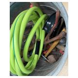 16" Steel Pegboard, Garden Hose & Assorted Hand Tools in Metal Container