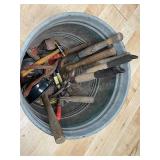 16" Steel Pegboard, Garden Hose & Assorted Hand Tools in Metal Container