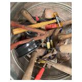 16" Steel Pegboard, Garden Hose & Assorted Hand Tools in Metal Container