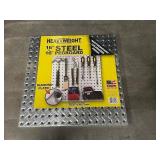 16" Steel Pegboard, Garden Hose & Assorted Hand Tools in Metal Container