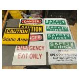 Lot of Industrial Safety Signs: Caution, Danger, Emergency Exit, Safety First, Open Door Slowly