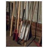 (1) Post Hole Digger, (2) Garden Hoes, (1) Field Cultivator Sweep