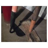 (1) Post Hole Digger, (2) Garden Hoes, (1) Field Cultivator Sweep