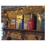 Lot of (6) Vintage Motor Oil Cans (x3), Paint Thinner (x1), Auto Heater (x1)