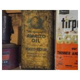 Lot of (6) Vintage Motor Oil Cans (x3), Paint Thinner (x1), Auto Heater (x1)