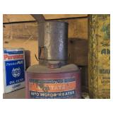 Lot of (6) Vintage Motor Oil Cans (x3), Paint Thinner (x1), Auto Heater (x1)